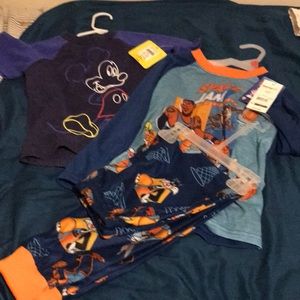 Little boys Mickey Mouse shirt and a space jam pajama set